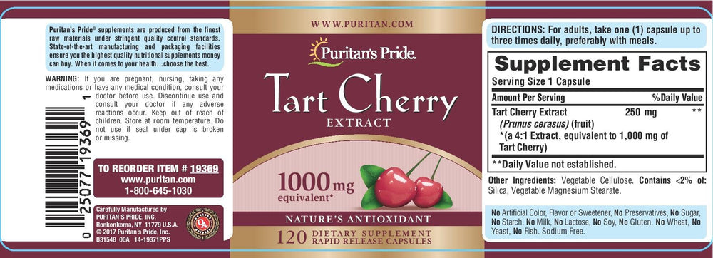 Close-up of Tart Cherry Extract capsules (1000 mg) in a bottle