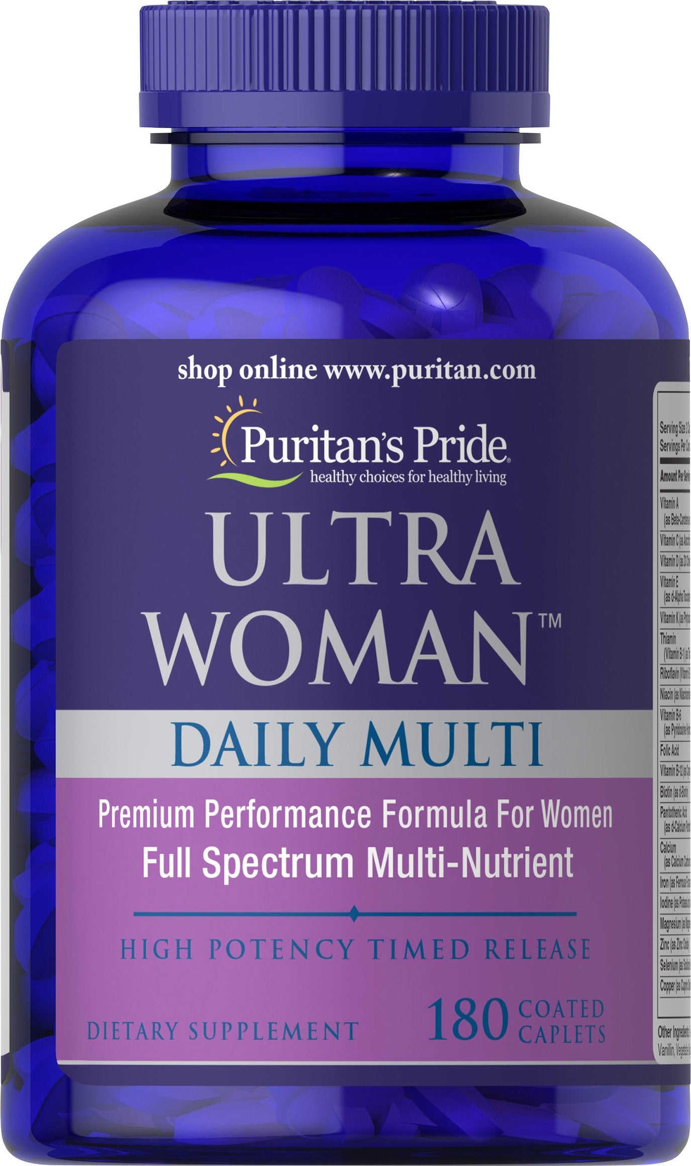 Puritan's Pride Ultra Women Multivitamin Timed Release Caplets bottle label