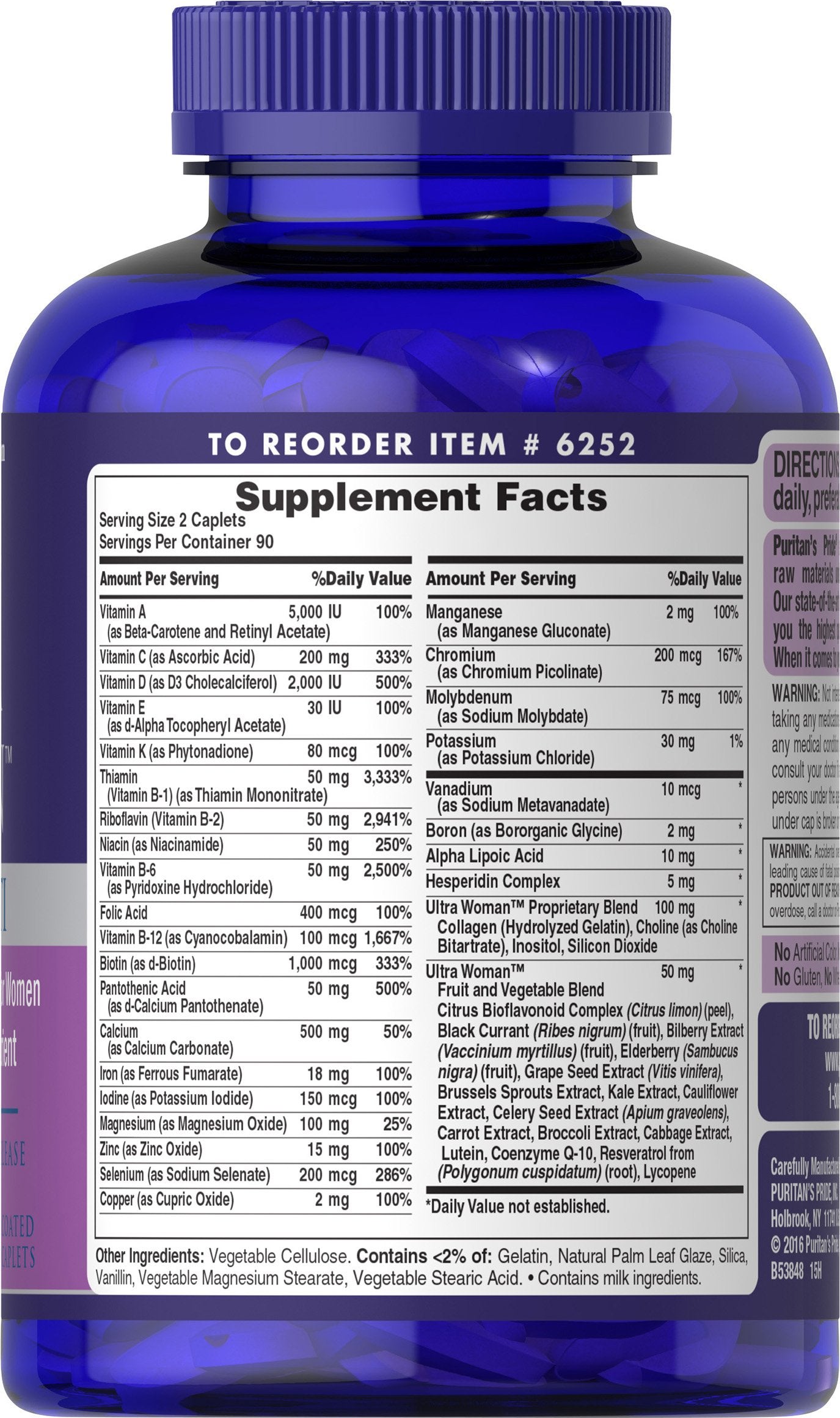 Front view of Puritan's Pride Ultra Women Multivitamin Timed Release Caplets packaging