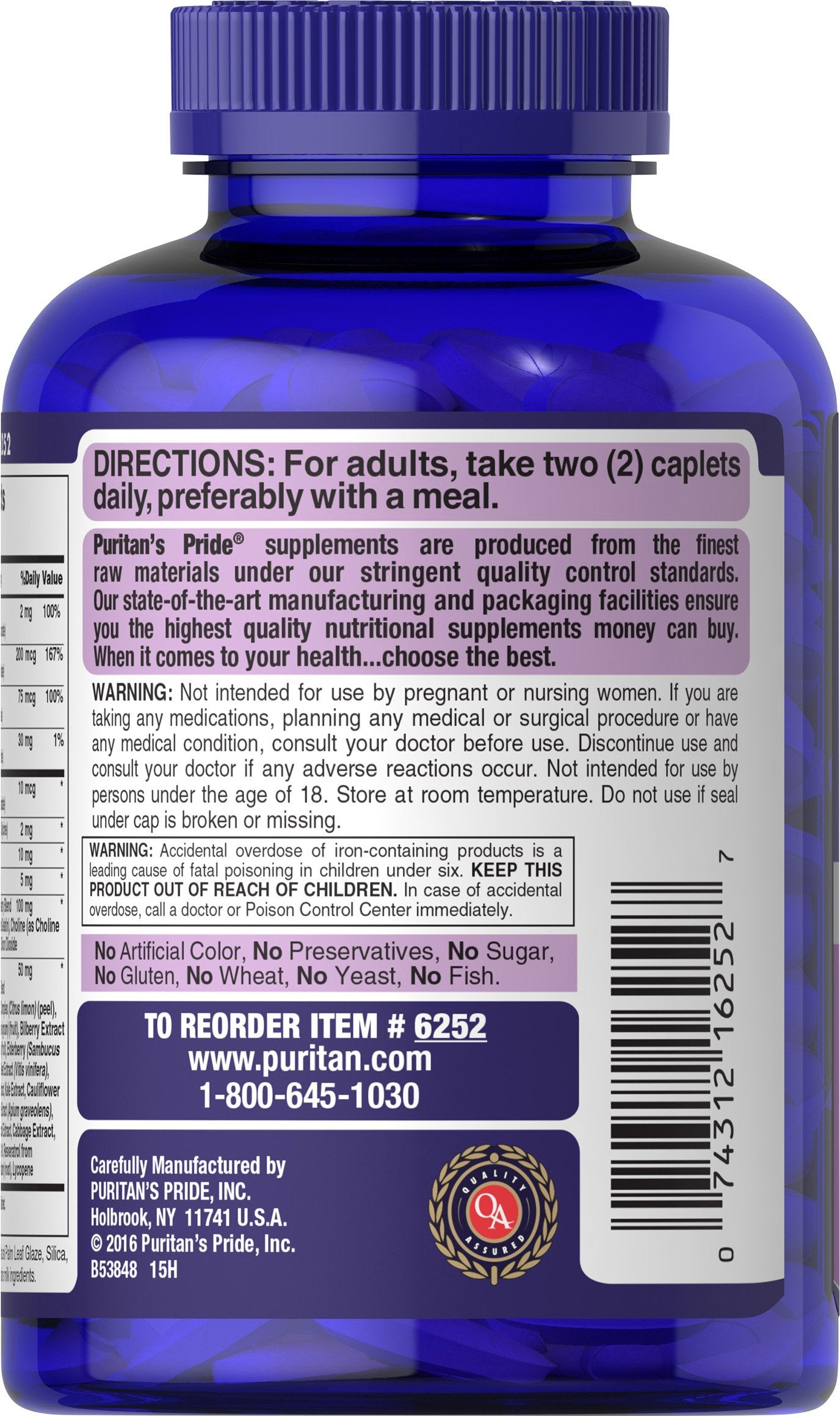 Back panel of Puritan's Pride Ultra Women Multivitamin Timed Release Caplets bottle