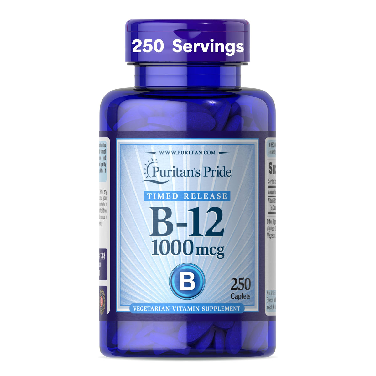 Front label of Puritan's Pride Vitamin B-12 1000 mcg Timed Release Caplets bottle
