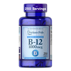 Front label of Puritan's Pride Vitamin B-12 1000 mcg Timed Release Caplets bottle