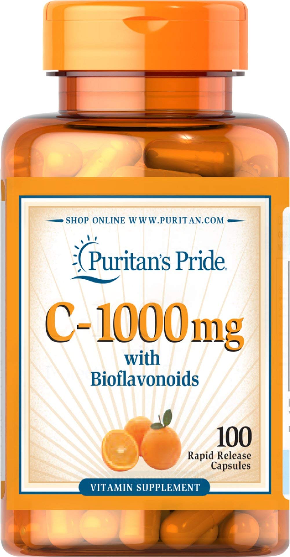 Puritan's Pride Vitamin C with Bioflavonoids bottle – Immune support and skin health, vegetarian, gluten free, 100 count
