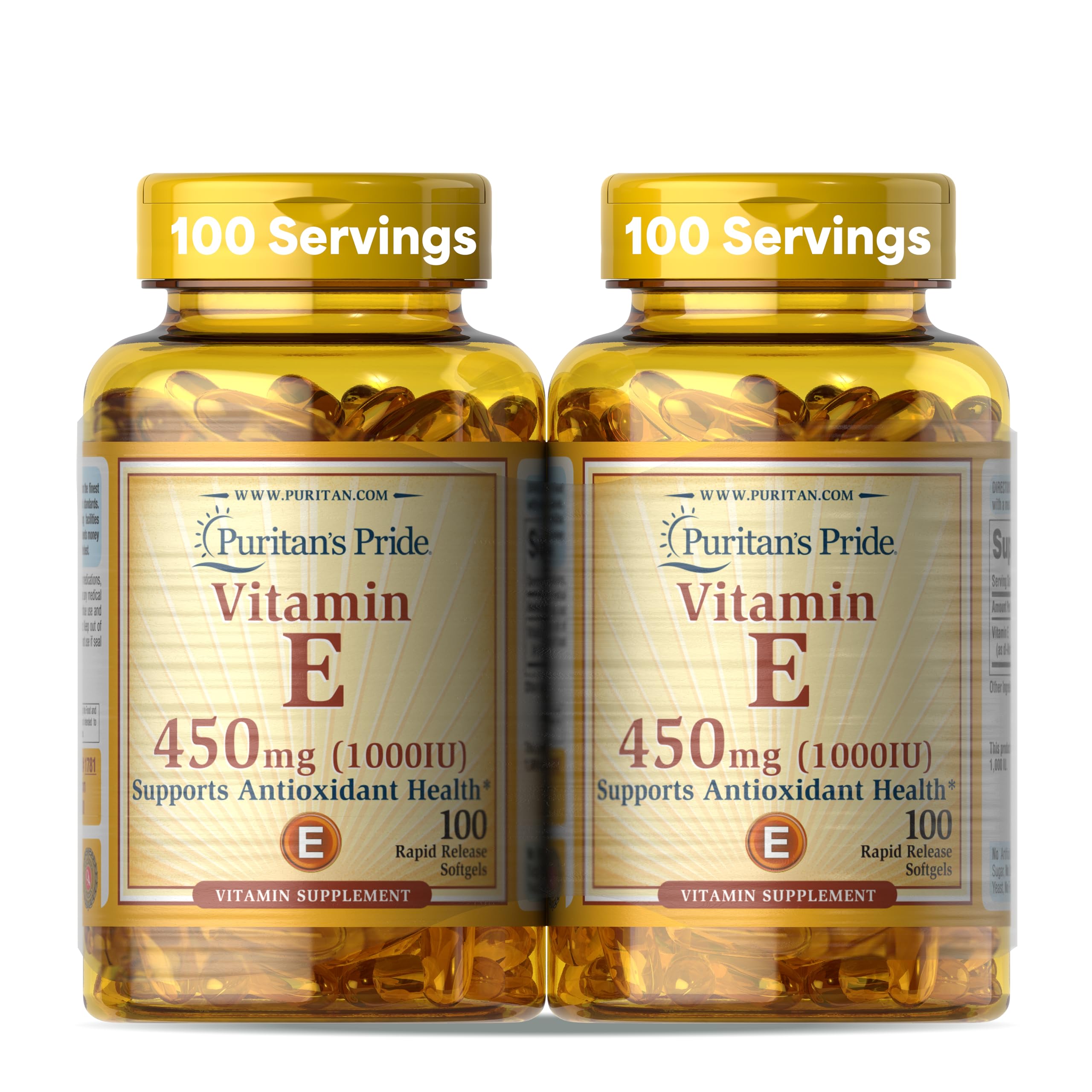 Puritan's Pride Vitamin E 450 mg (10,000 IU) rapid-release softgels in a two-pack bottle