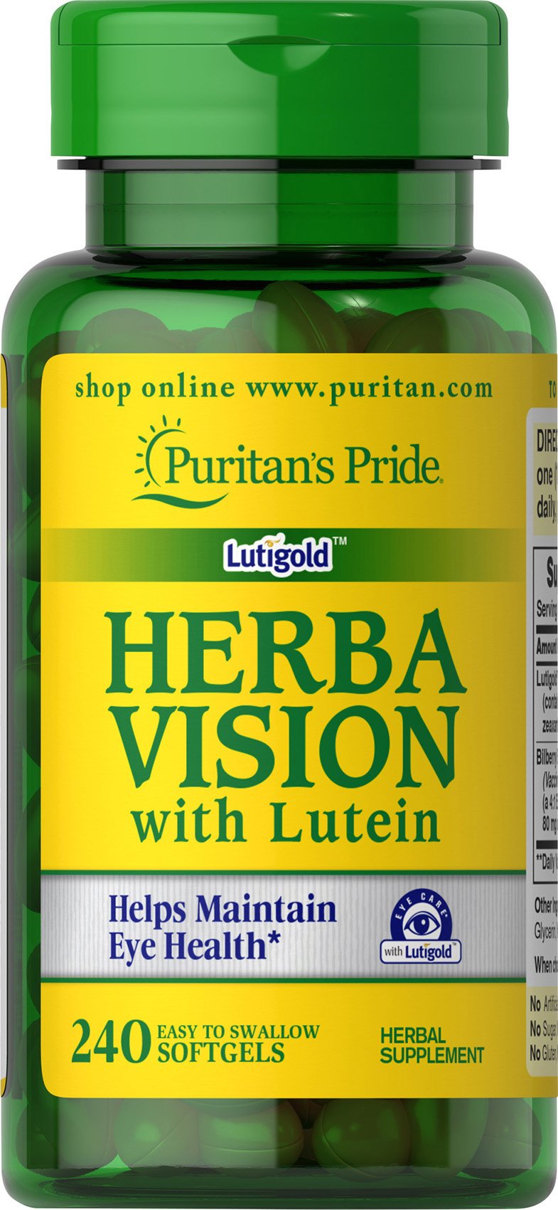 Puritan's Pride Herbavision softgels bottle front with Lutein, Zeaxanthin and Bilberry