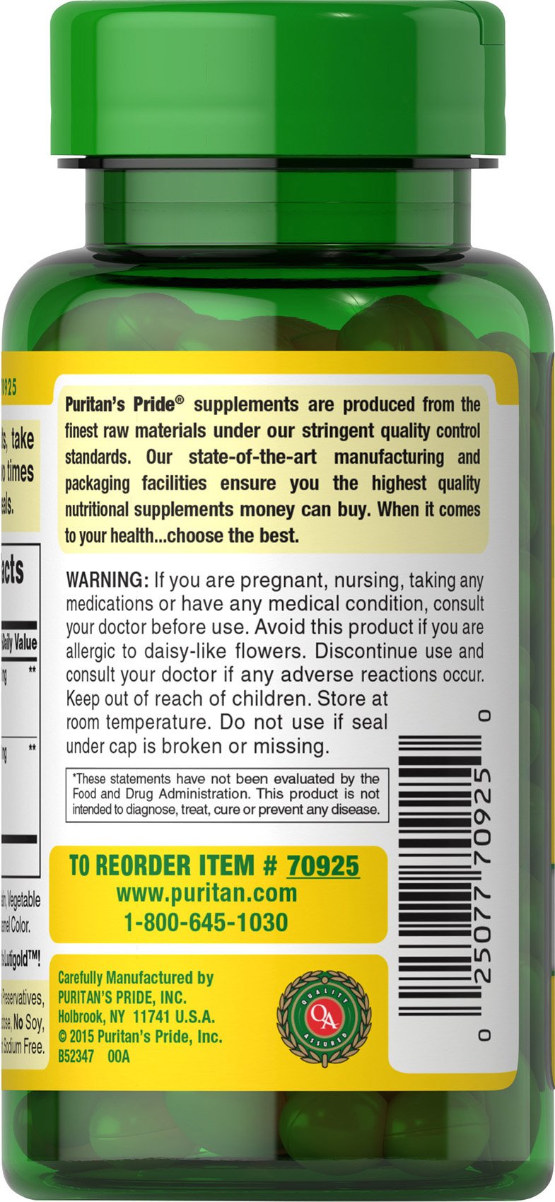 Nutrition facts panel on Herbavision bottle