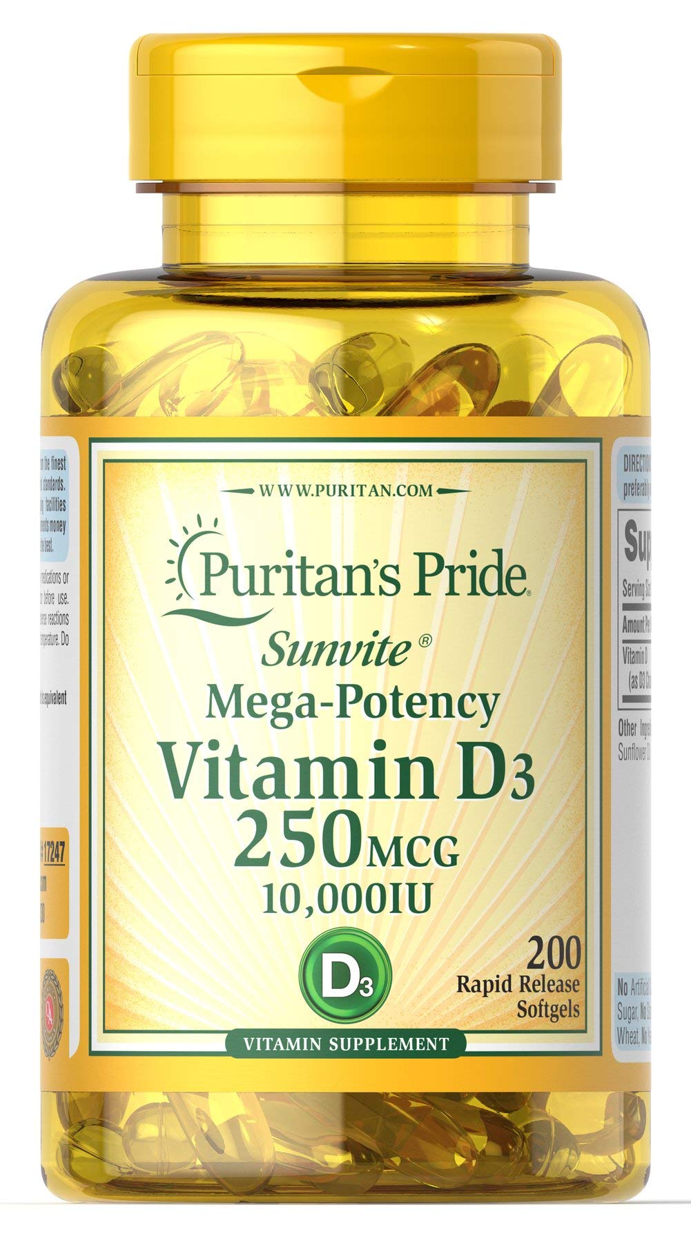 Puritan's Pride Vitamin D3 250 mcg (10,000 IU) Softgels bottle - 200 count