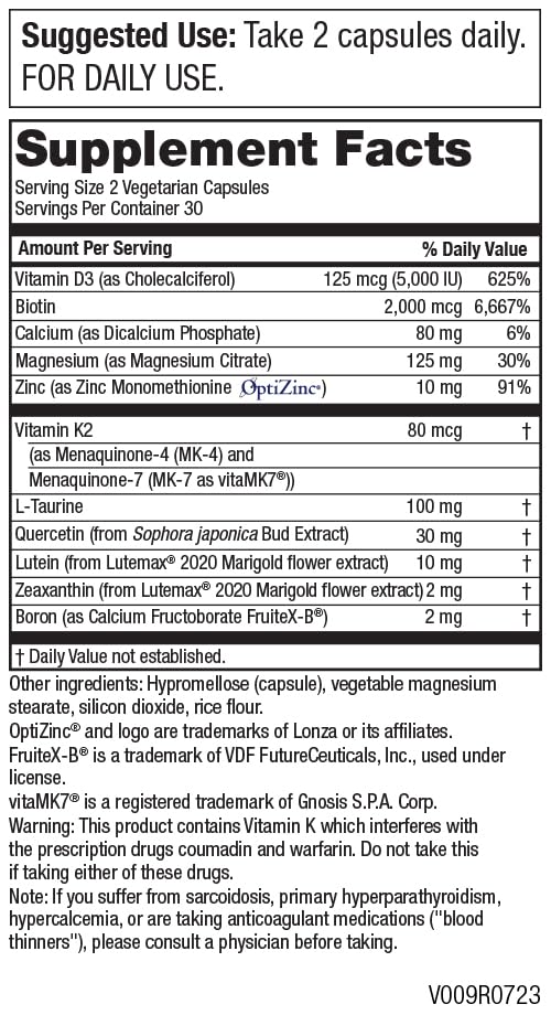 Close-up of bottle label showing Vitamin D3 5,000 IU and FloraGLO Lutein 10 mg