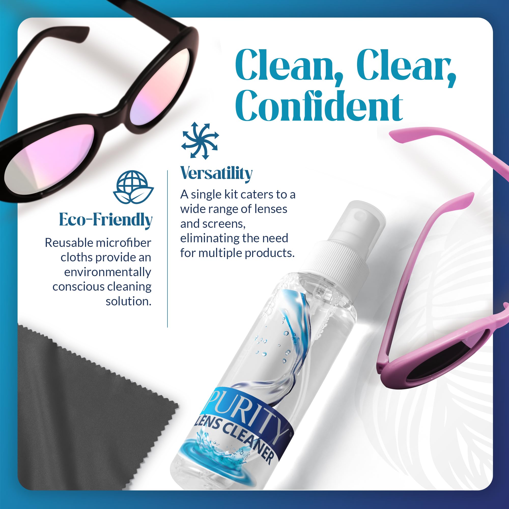 Spray bottle applying Purity Lens Cleaner to a lens