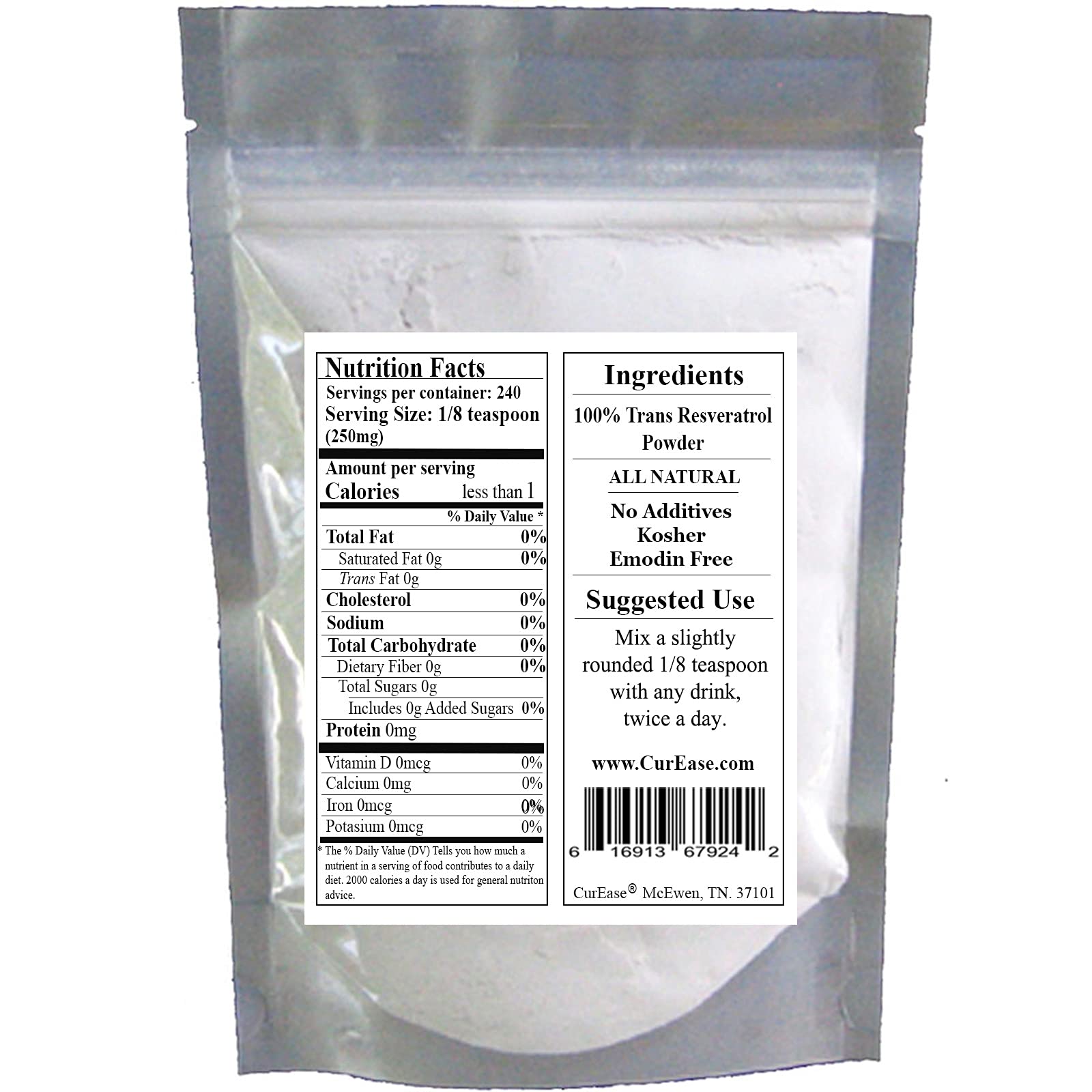 Purity label indicating emodin-free trans-resveratrol powder