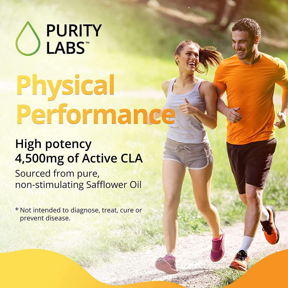 Purity Labs CLA 4500MG bottle on desk with ingredients