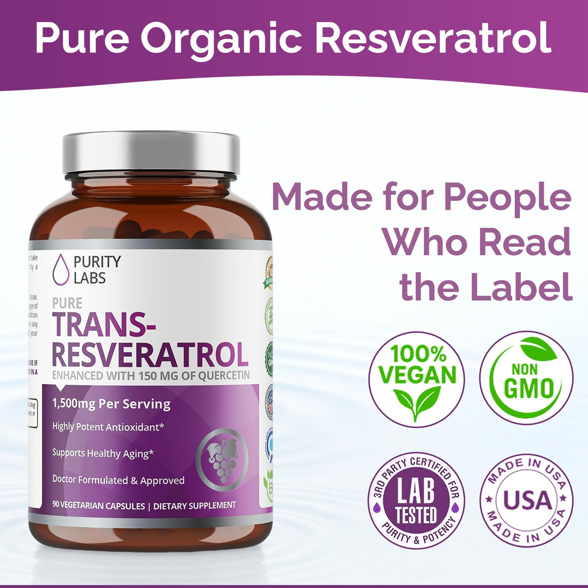 Close-up of Purity Labs Trans-Resveratrol capsules