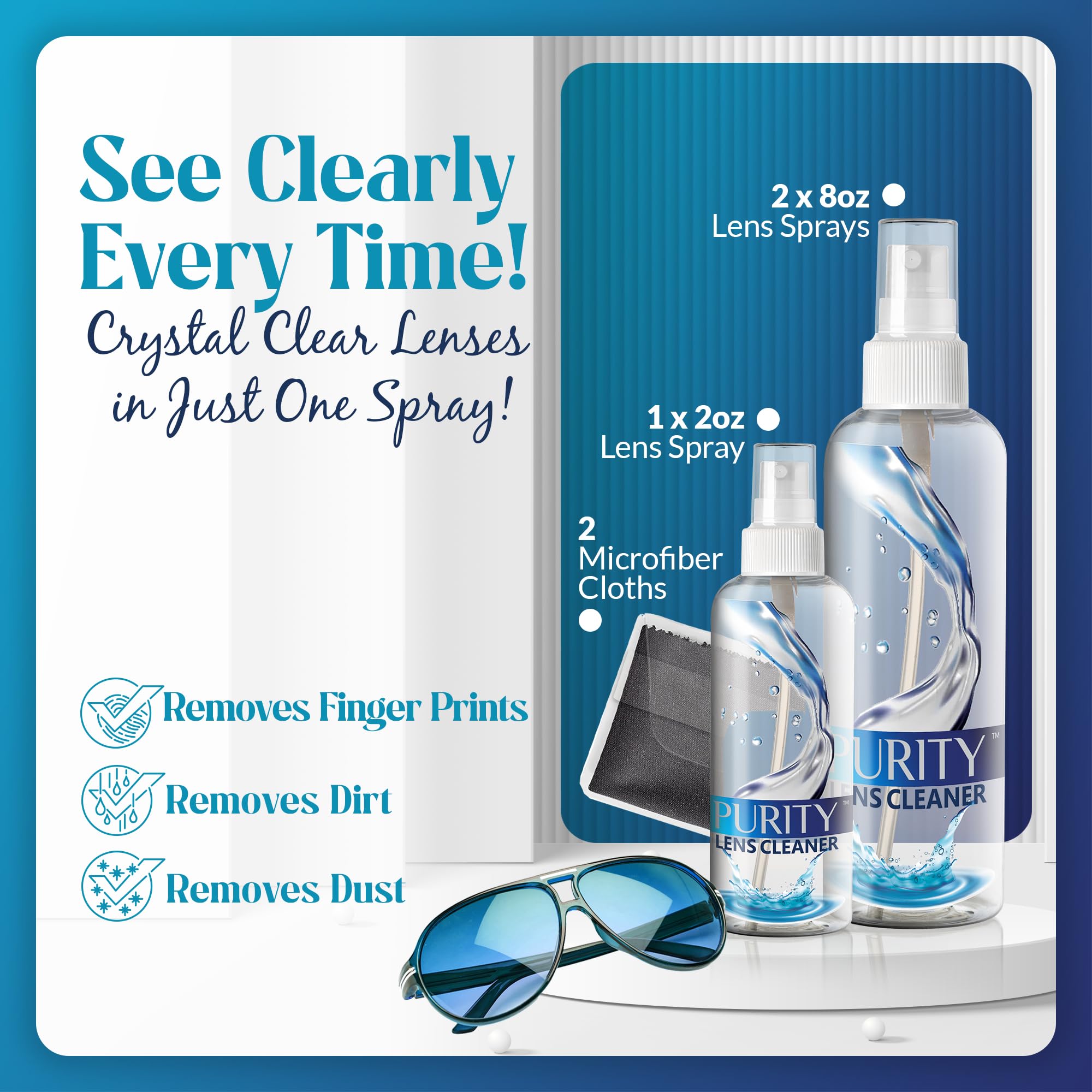 Close-up of the two 8oz Purity Lens Cleaner bottles