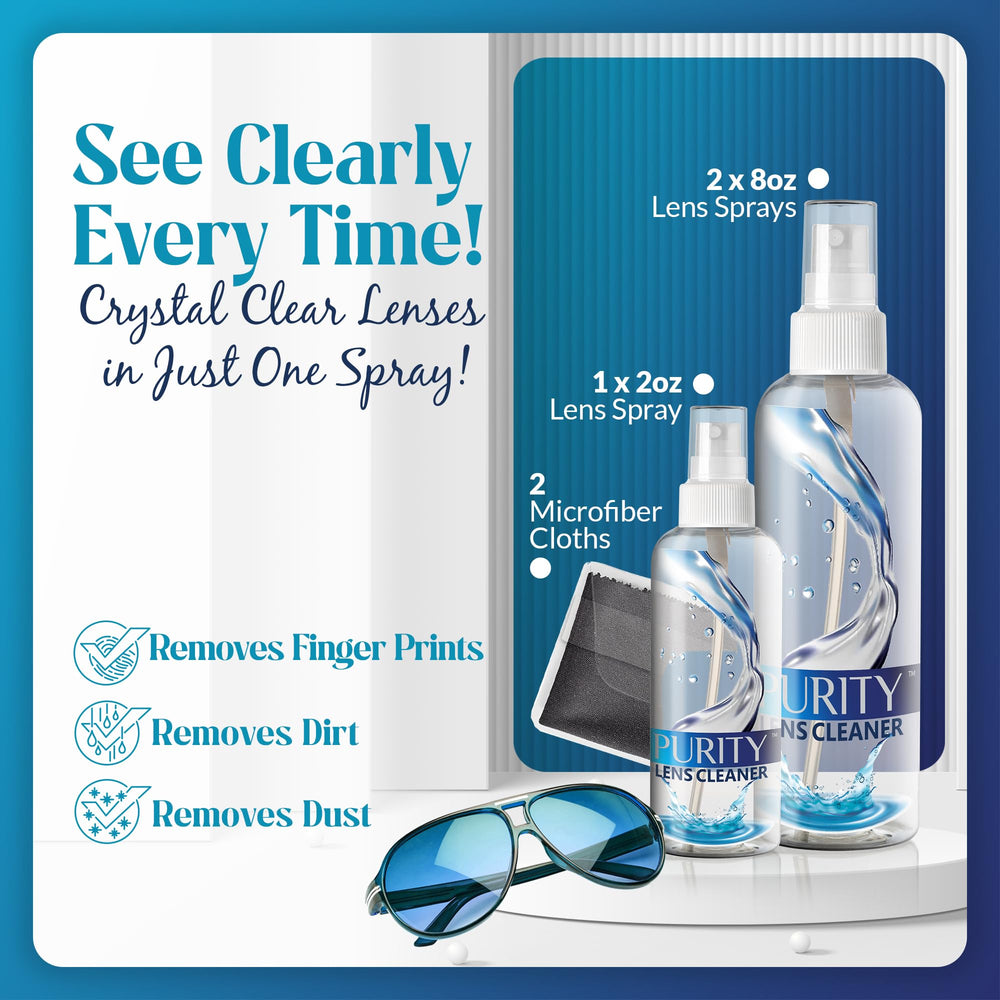 Close-up of the two 8oz Purity Lens Cleaner bottles