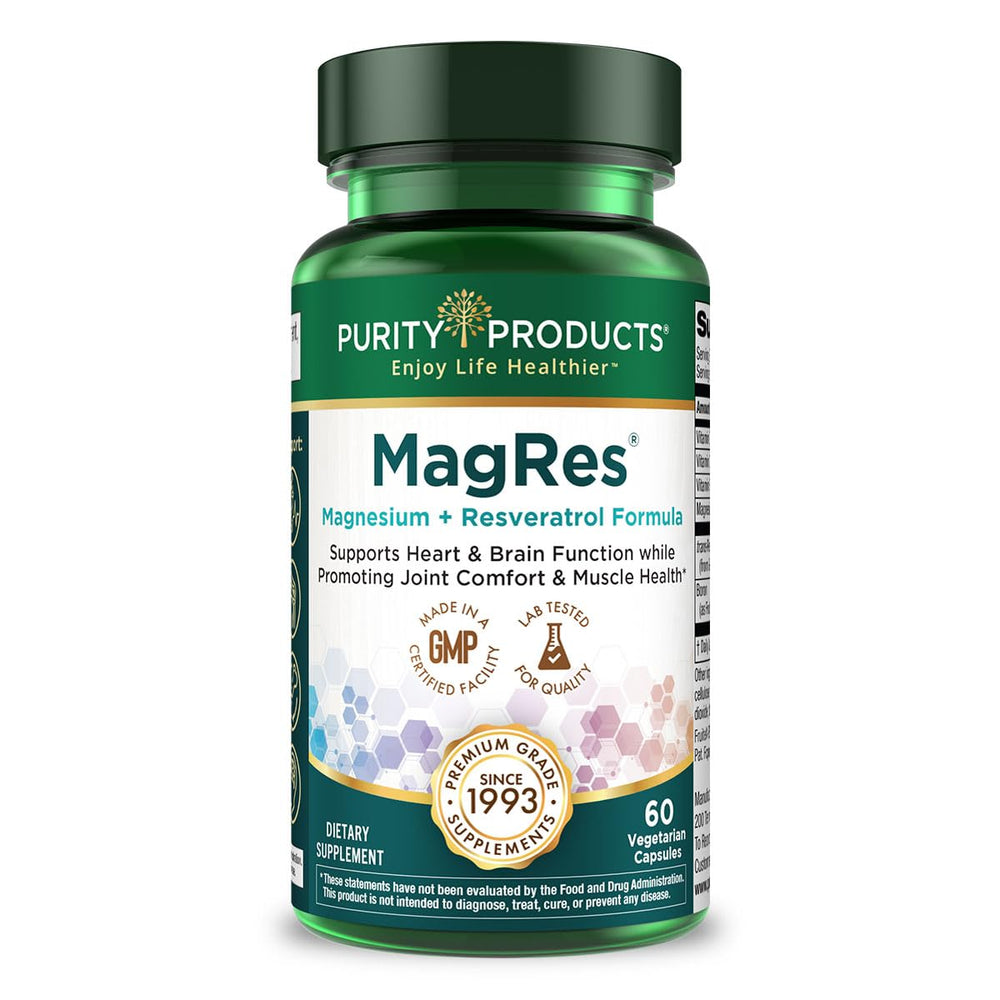 Purity MagRes Formula magnesium and resveratrol capsules bottle close-up