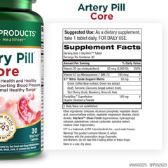 Purity Products Artery Pill Core label highlights key ingredients for cardiovascular support.