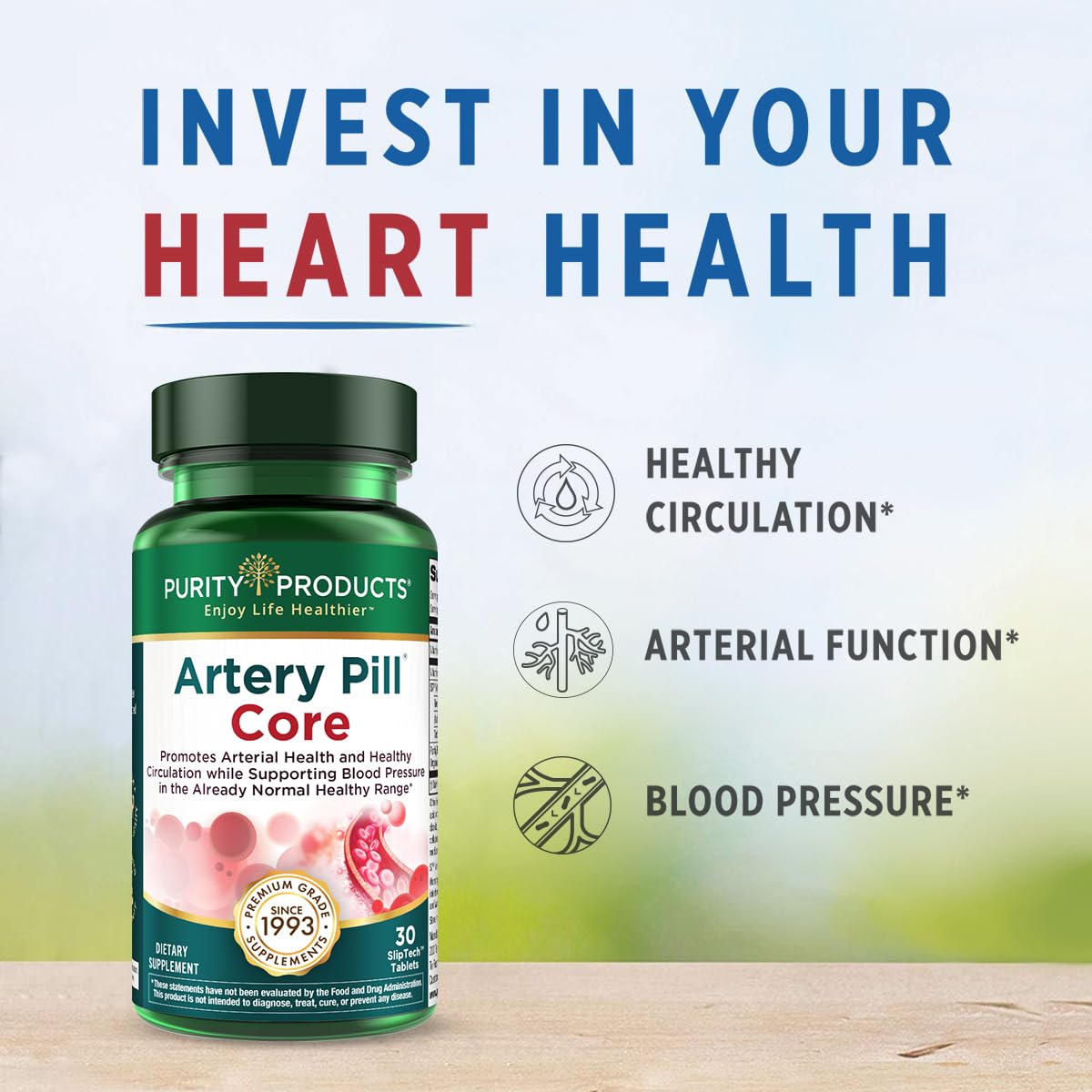 Purity Products Organic Blueberries bag emphasizes natural antioxidants for cardiovascular health.