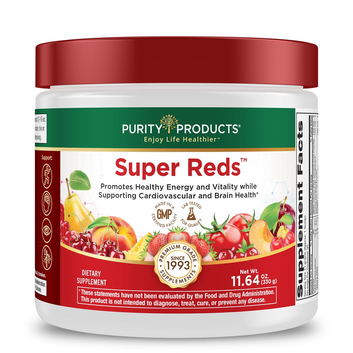 Purity Products Super Reds powder bottle shows nutrient-dense superfood mix for daily vitality.