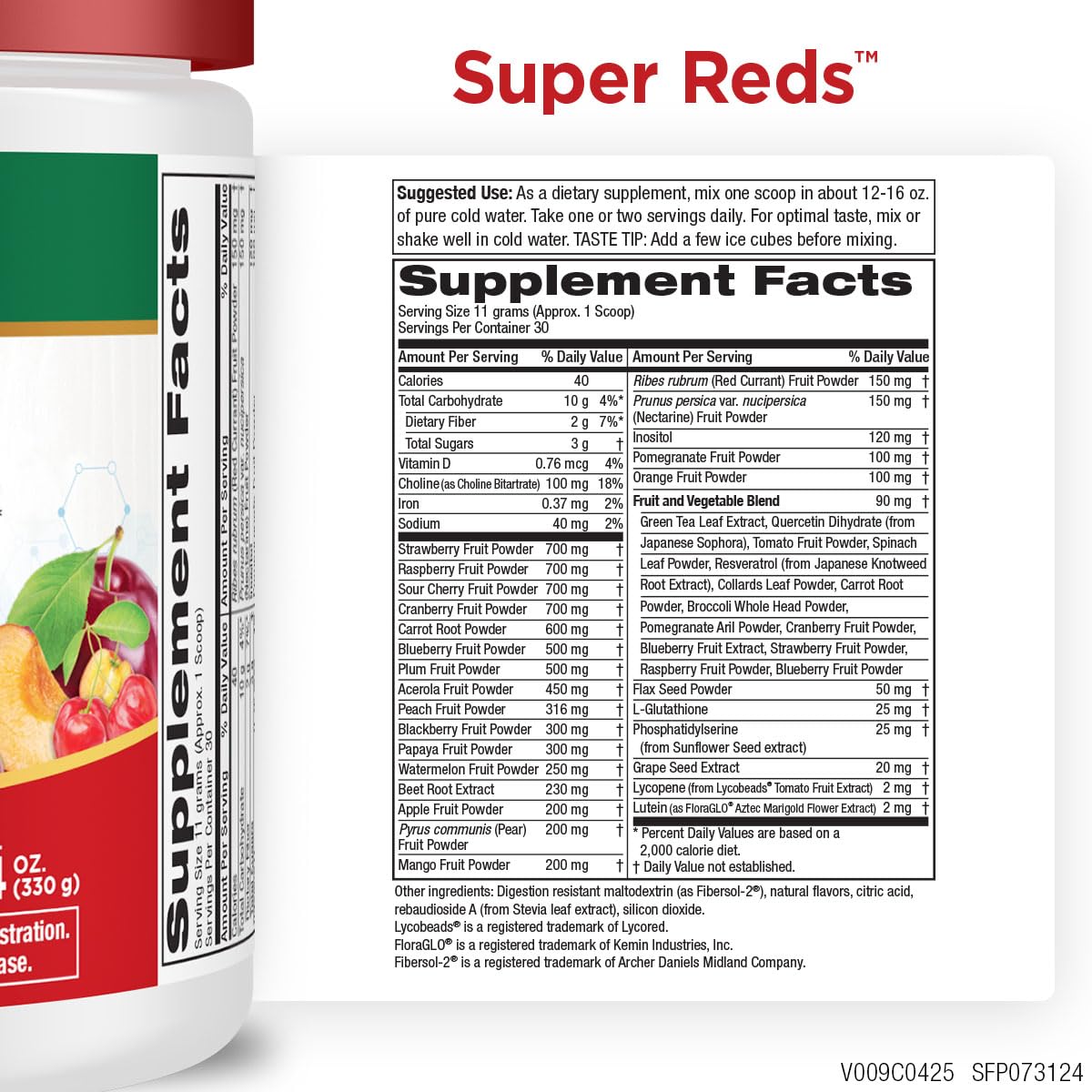 Purity Products Super Reds scoop in shake highlights convenient daily antioxidant support.