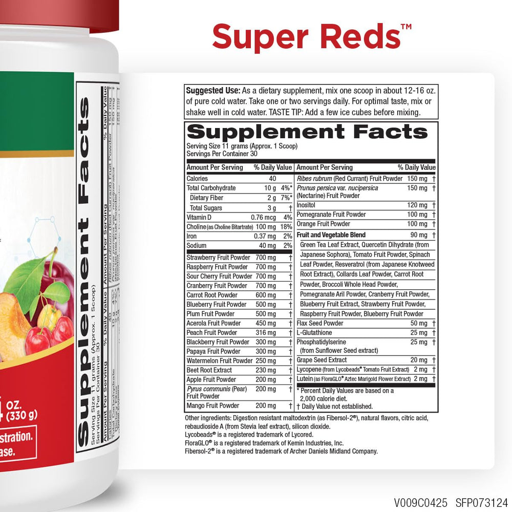 Purity Products Super Reds scoop in shake highlights convenient daily antioxidant support.