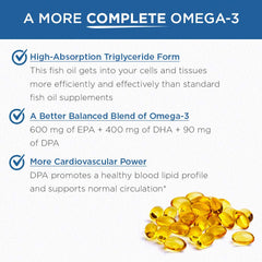 Two Omega-3 softgels beside the bottle