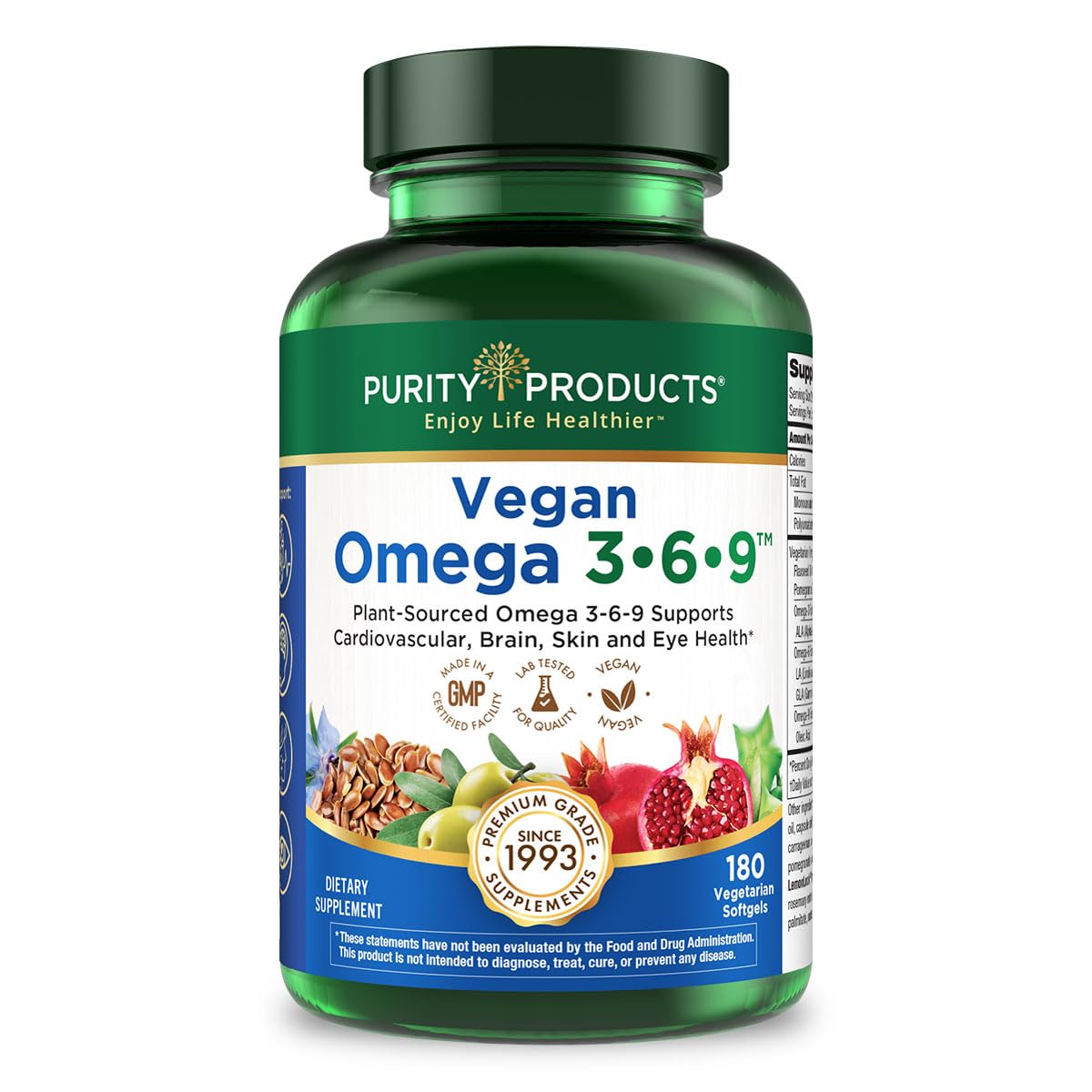 Purity Vegan Omega 3-6-9 formula bottle label with 180 softgels