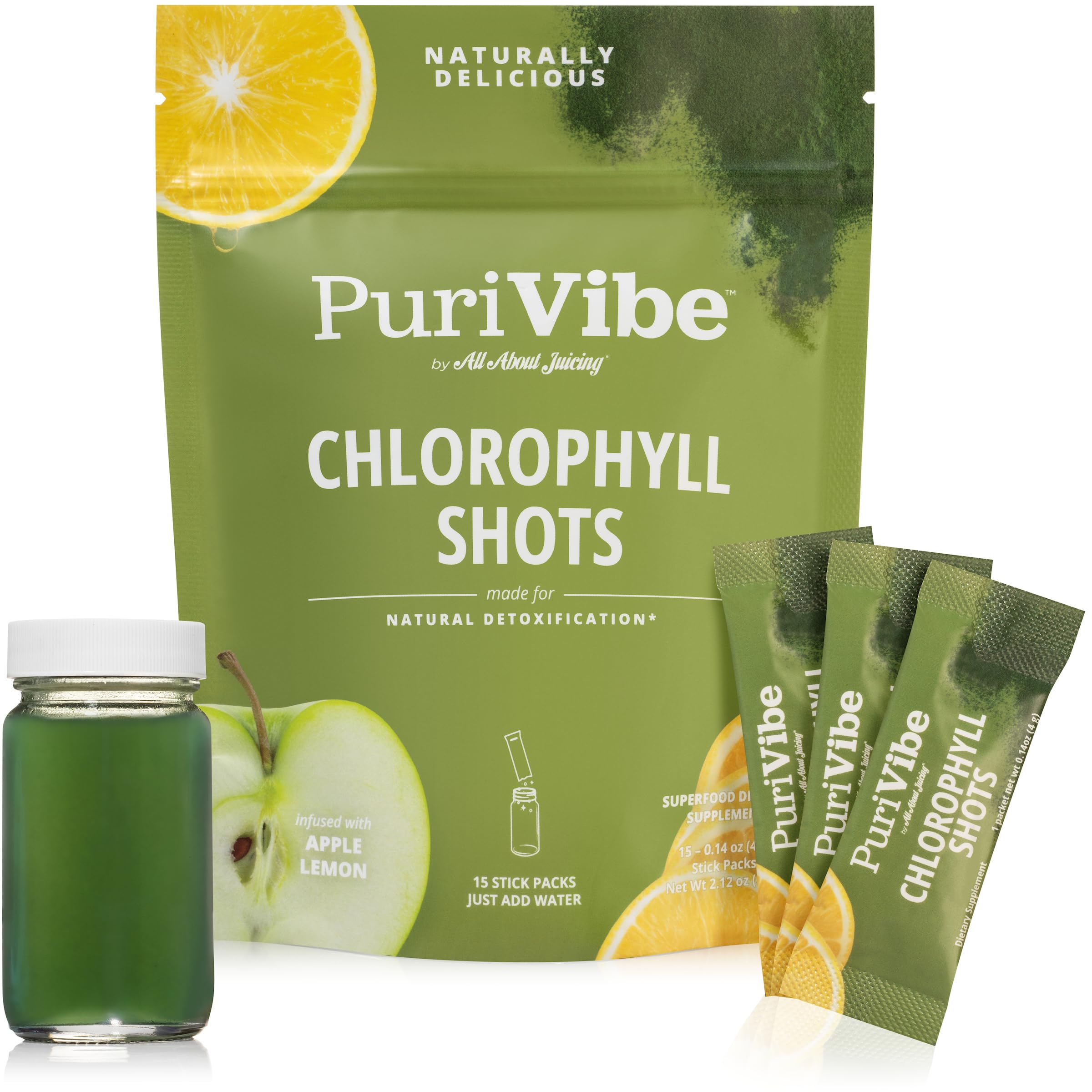 PuriVibe chlorophyll green juice shot packaging and 15-stick-pack box