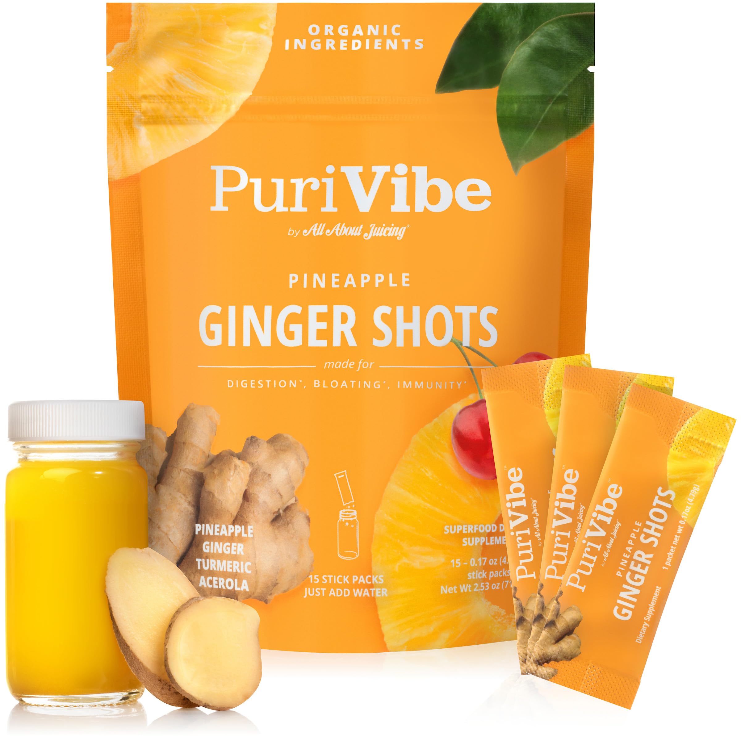 Close-up of Purivibe ginger-pineapple-turmeric powder