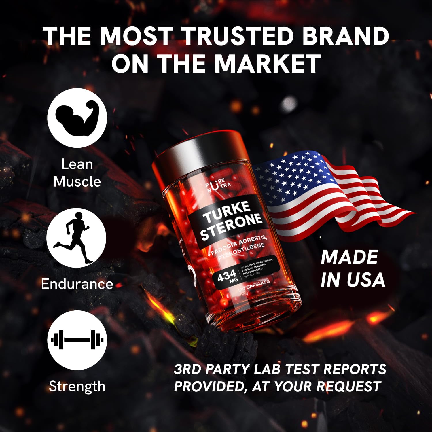 PureNutra Turkesterone Tongkat Ali Fadogia blend near bottle suggests enhanced workout energy potential.