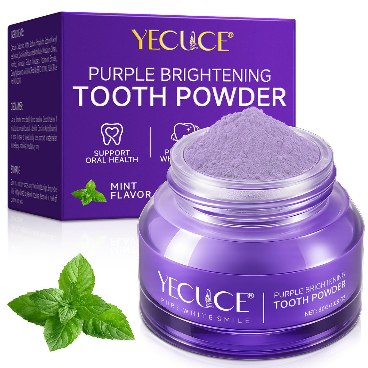 Purple Brightening Powder toothpaste bottle with vibrant purple powder