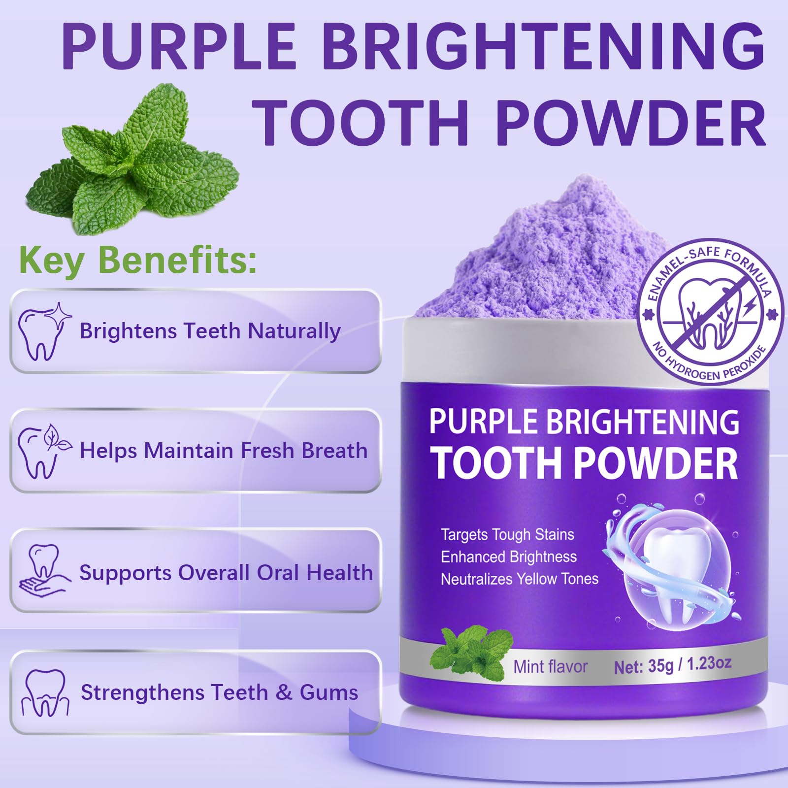 Purple whitening powder being dispensed from container