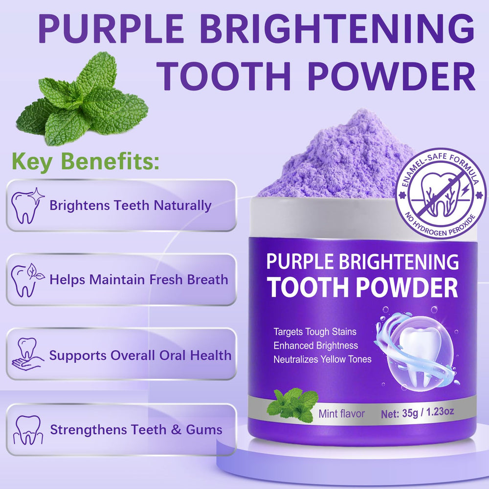 Purple whitening powder being dispensed from container