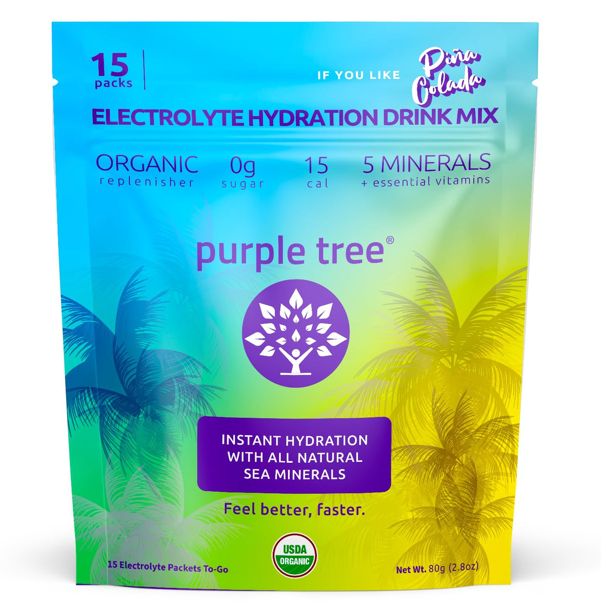 Purple Tree electrolyte packets in Pina Colada flavor for quick on-the-go hydration.