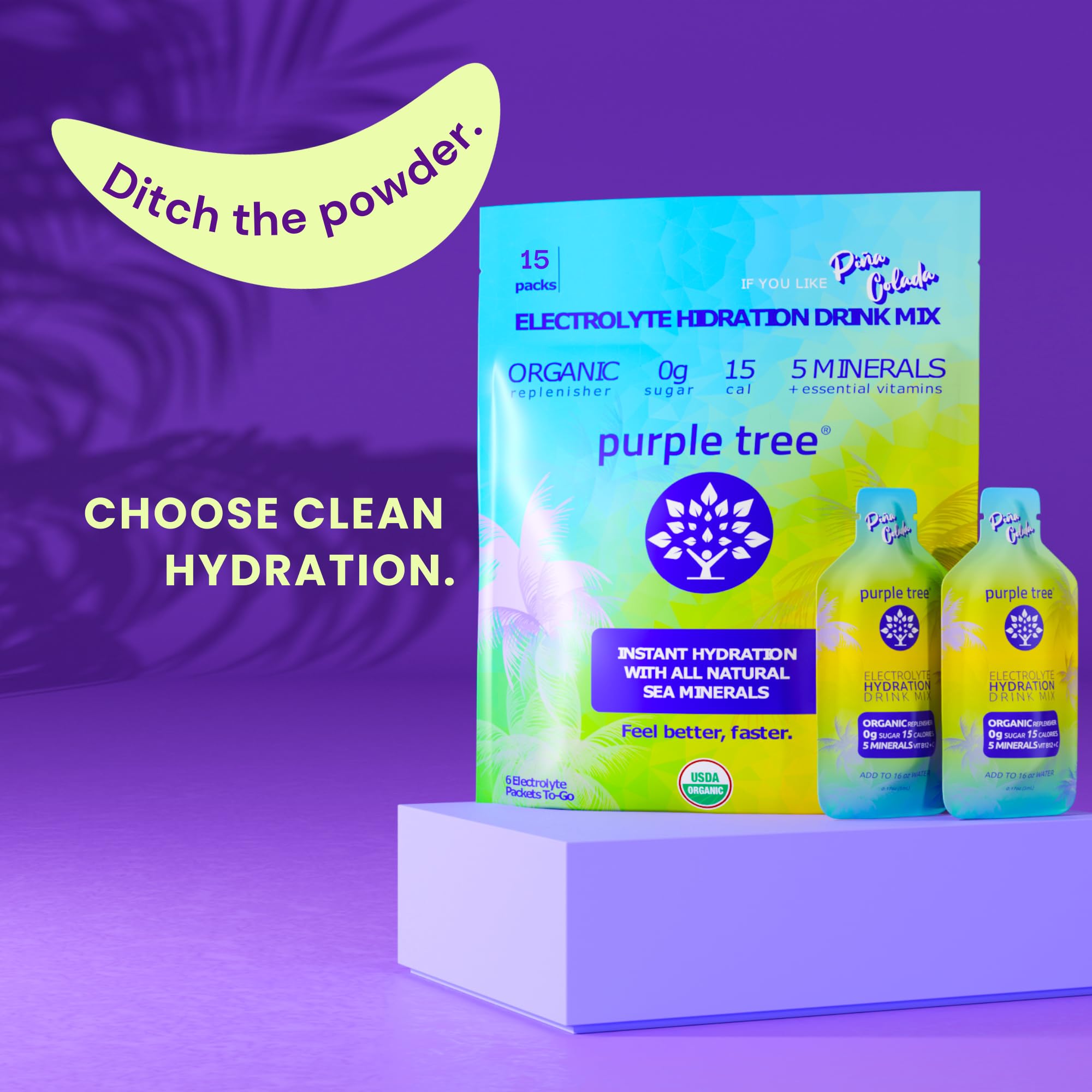 Purple Tree liquid electrolyte sticks dissolve instantly for fast, smooth hydration.