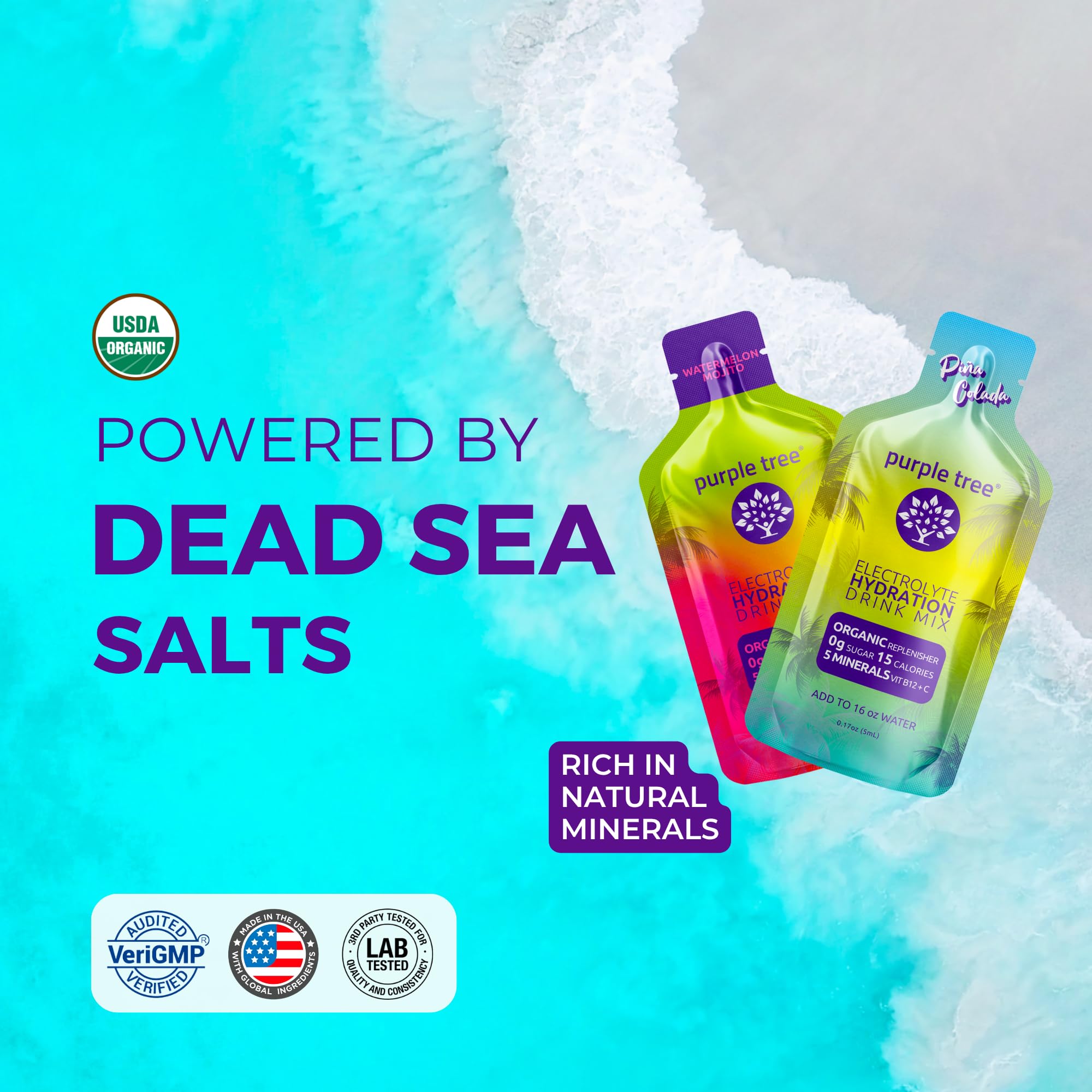 purple tree electrolyte packets dissolving in water for quick hydration