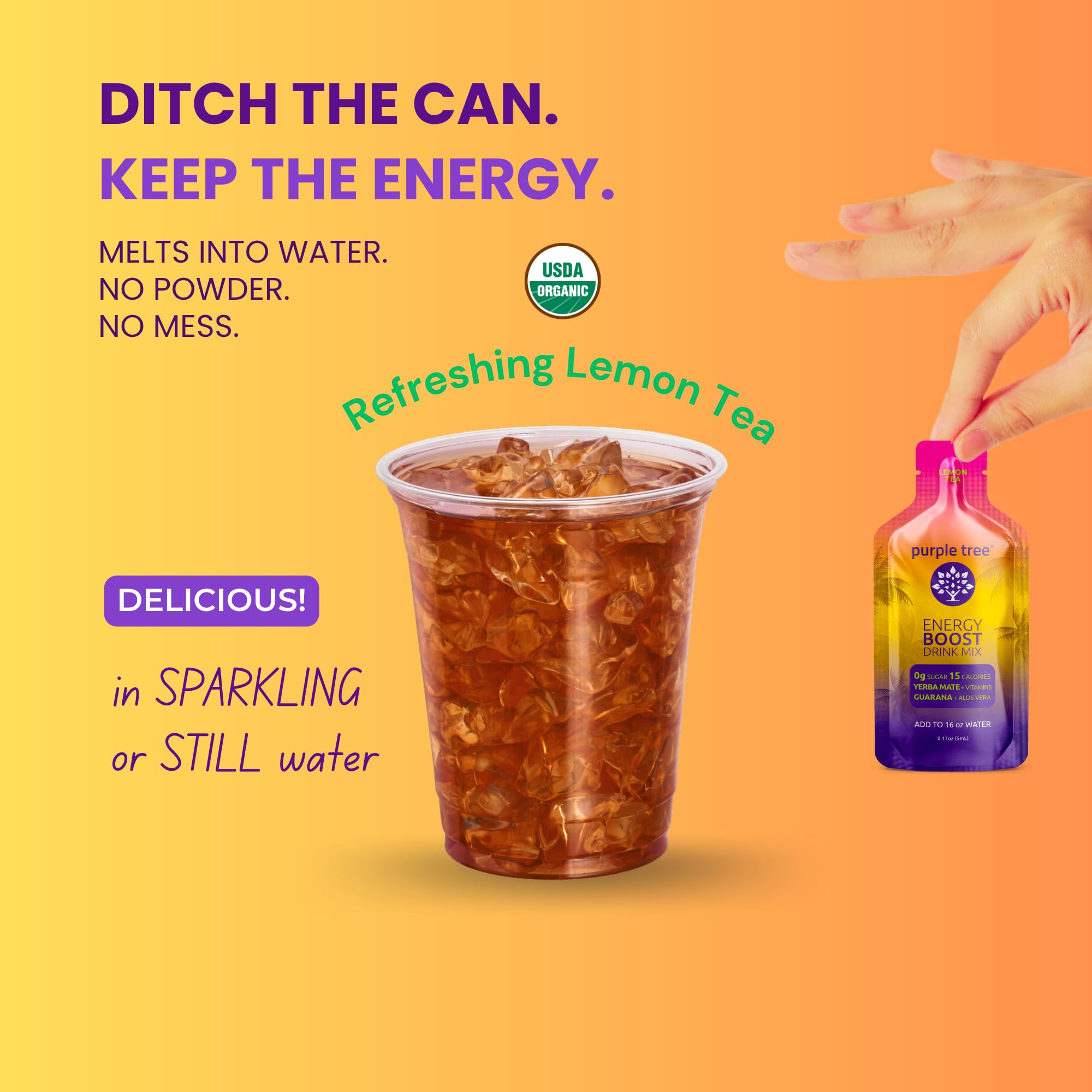 Individual energy stick packet showing zero sugar and 80mg caffeine from yerba mate and guarana
