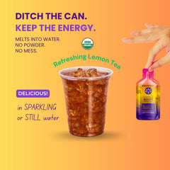 Individual energy stick packet showing zero sugar and 80mg caffeine from yerba mate and guarana