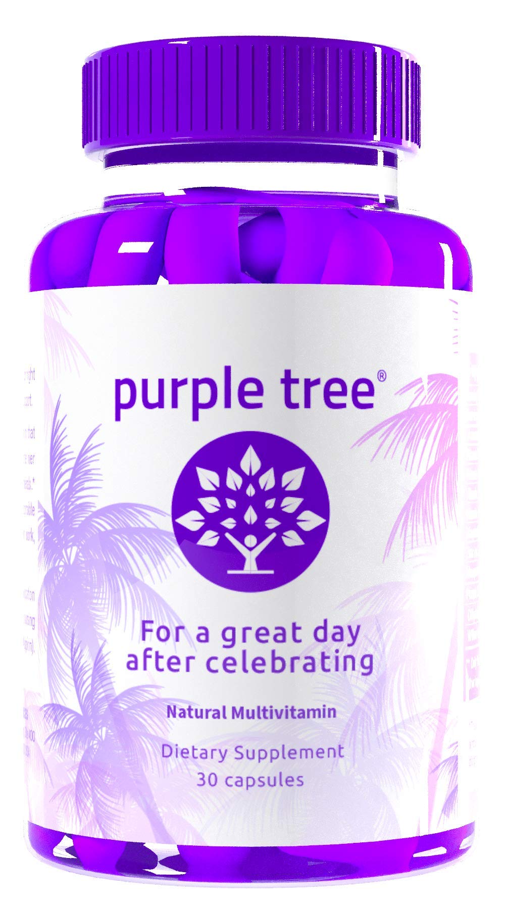 Bottle of Purple Tree post-celebration wellness vitamins highlighting liver-support ingredients