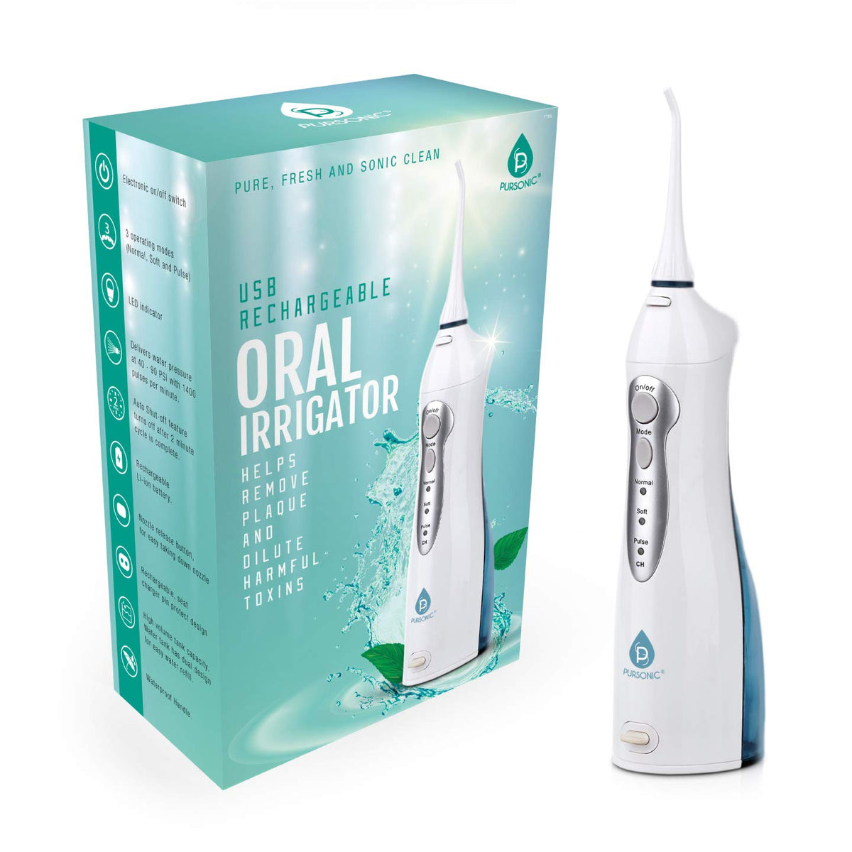 Pursonic USB Rechargeable Oral Irrigator Water Flosser with 360-degree rotating nozzle