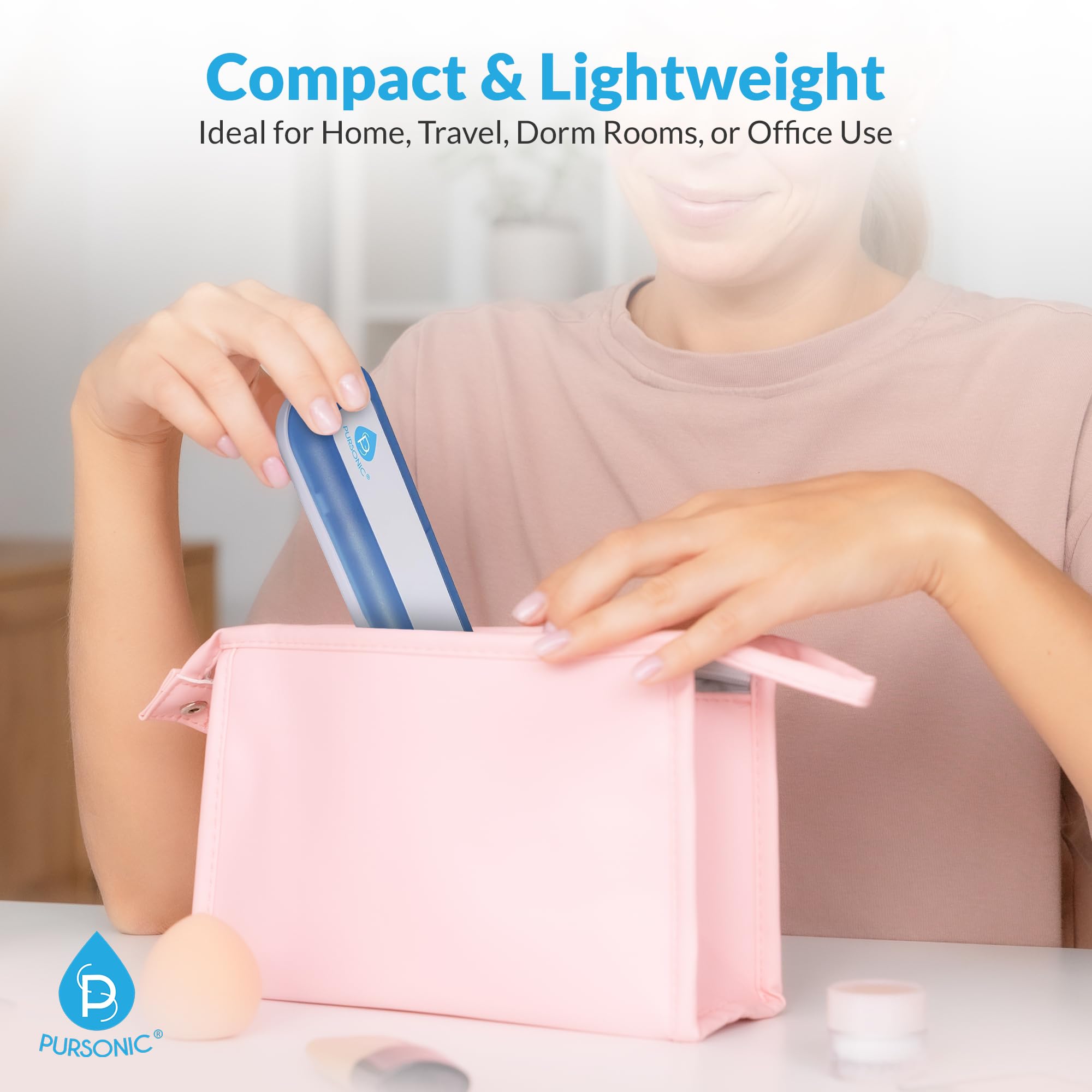 Travel-friendly Pursonic case shown with manual and electric toothbrush heads
