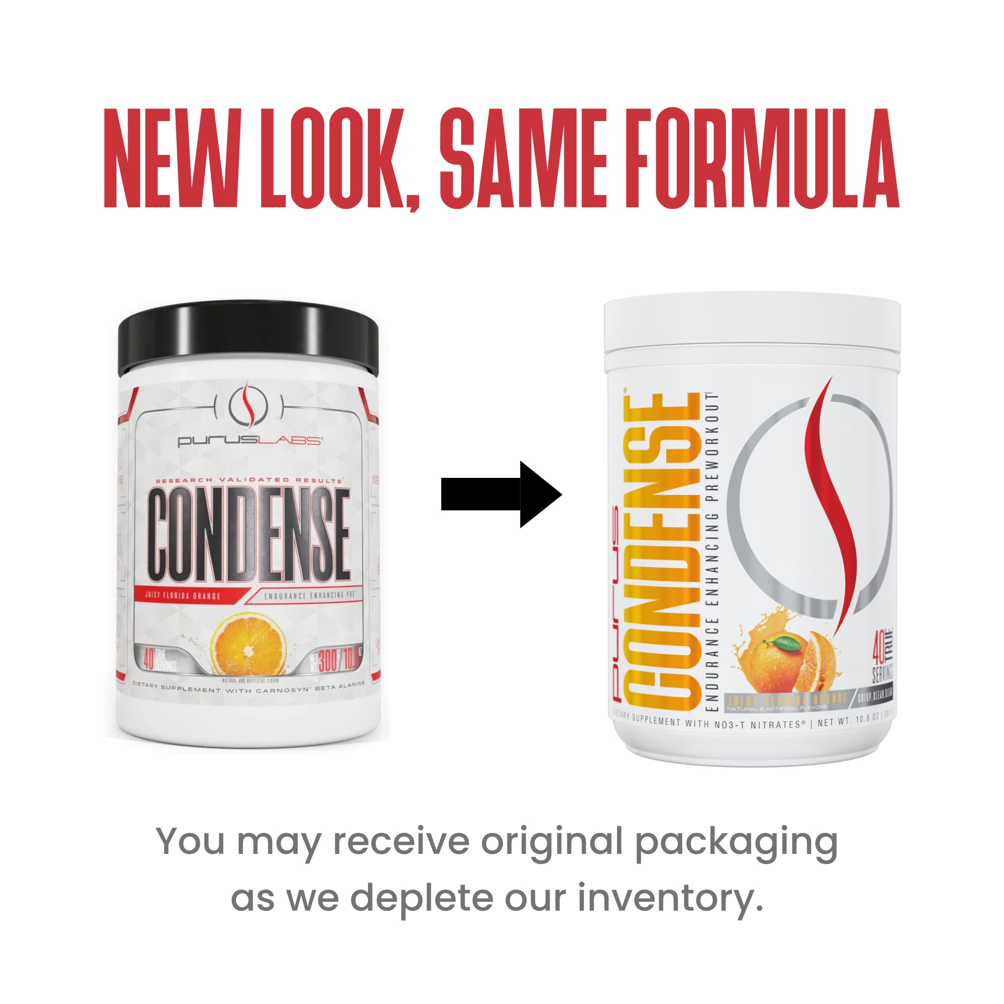 Purus Labs Condense orange bottle side view highlights Juicy Florida Orange flavor for refreshing workouts.