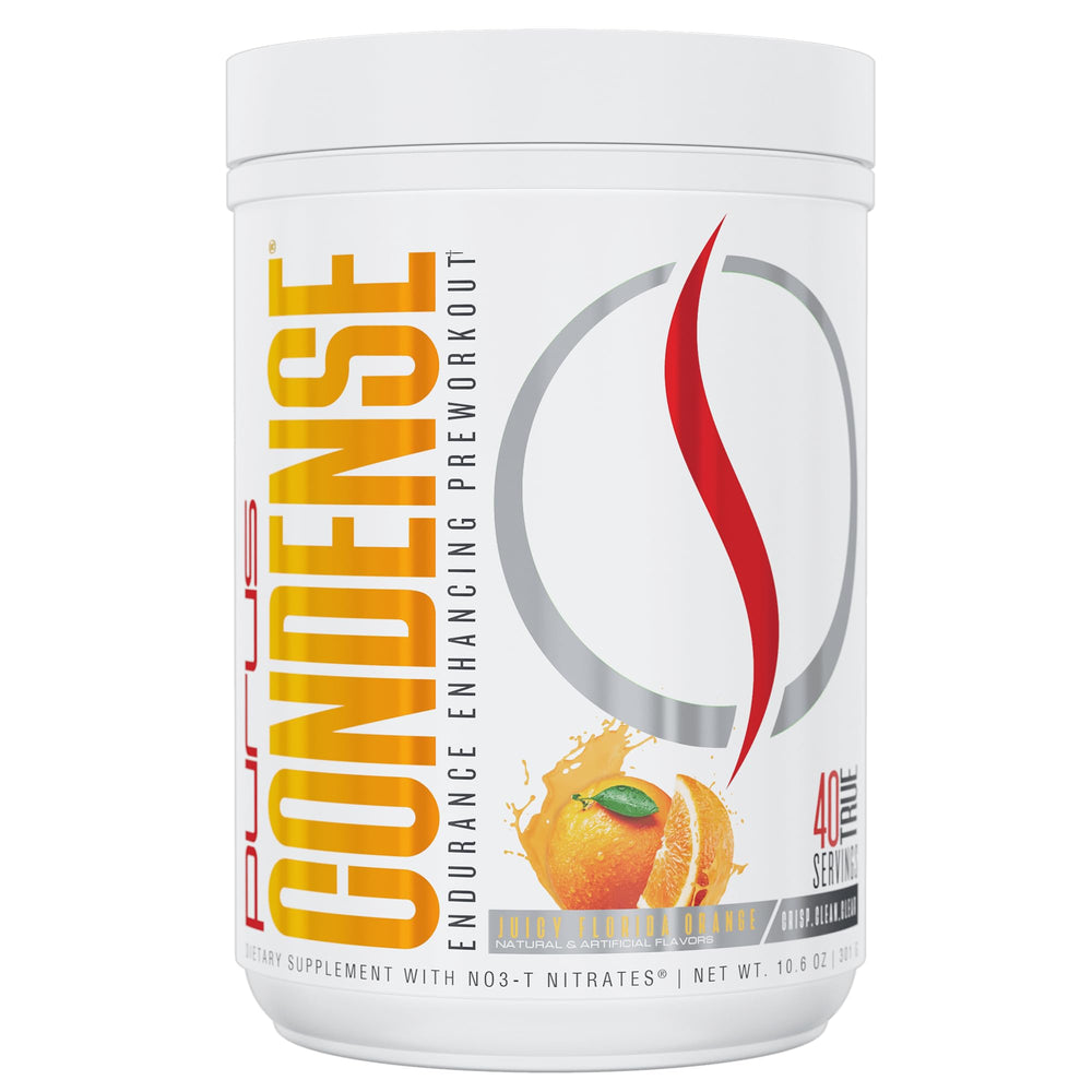 Purus Labs Condense powder jar front view for convenient, energy-ready preworkout use.