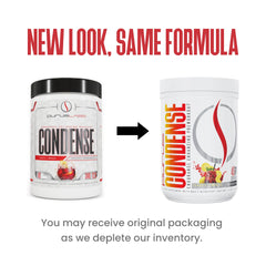 Purus Labs CONDENSE preworkout tub back label highlights zero creatine formulation.