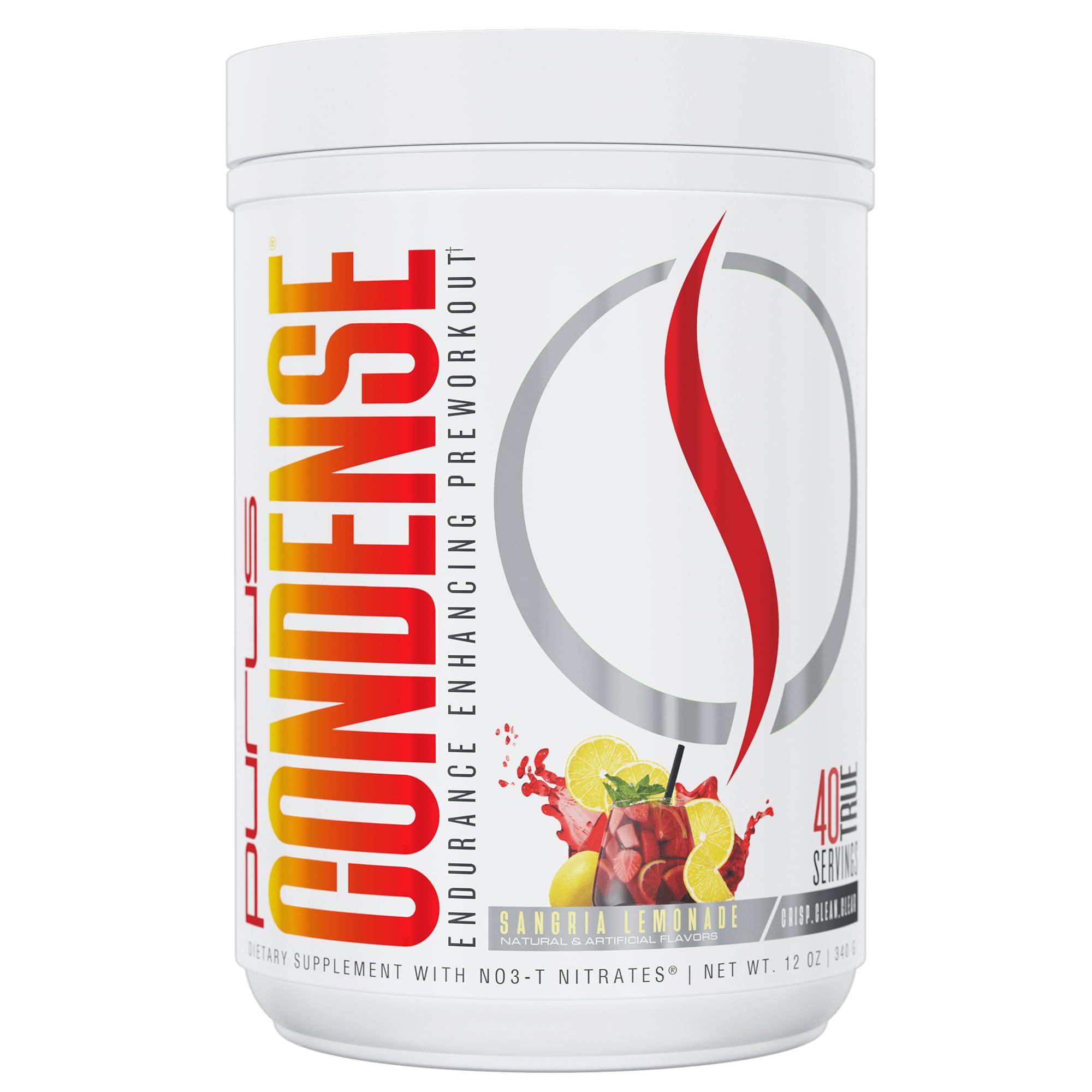 Purus Labs CONDENSE preworkout tub front shows clean energy for workouts.