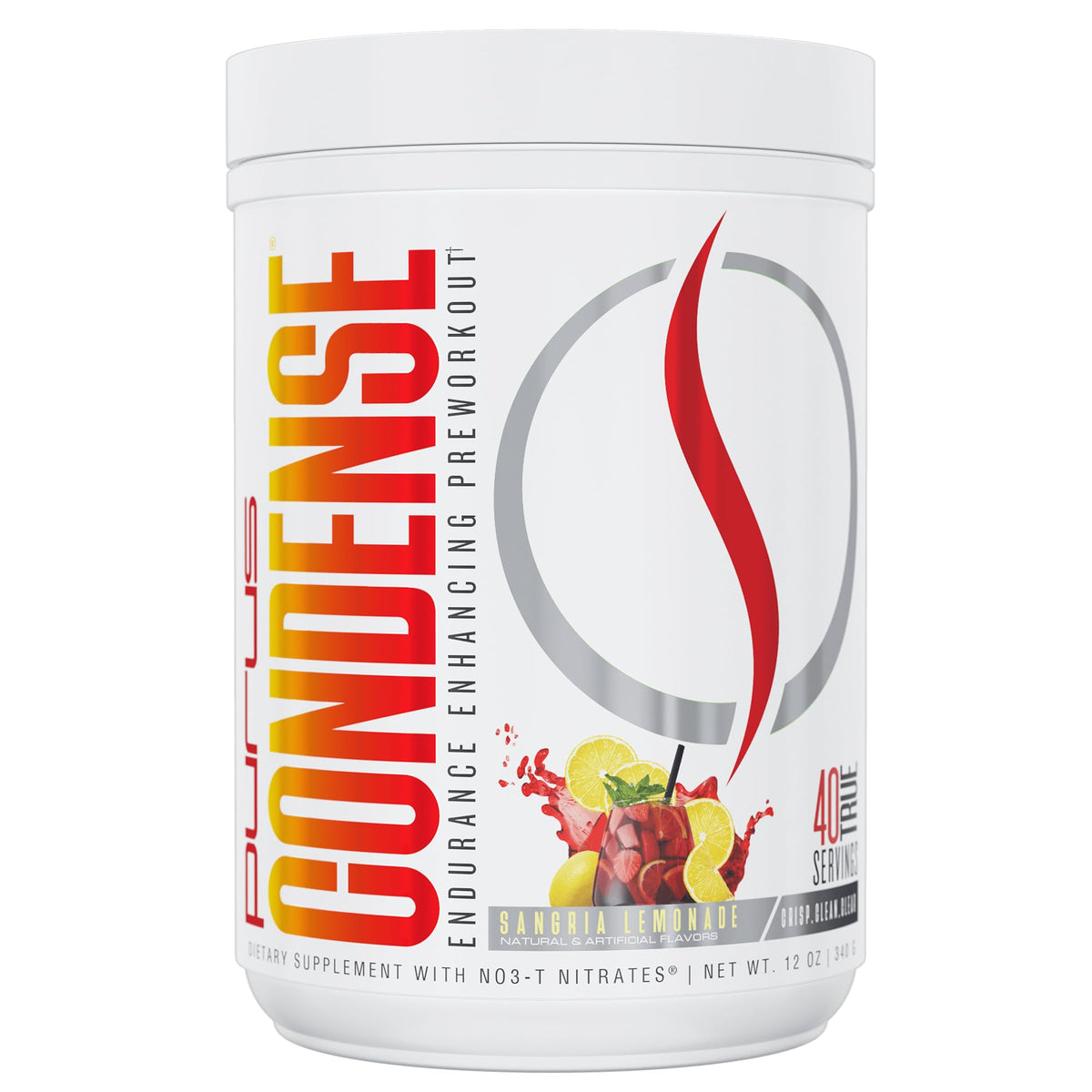 Purus Labs CONDENSE preworkout tub front shows clean energy for workouts.