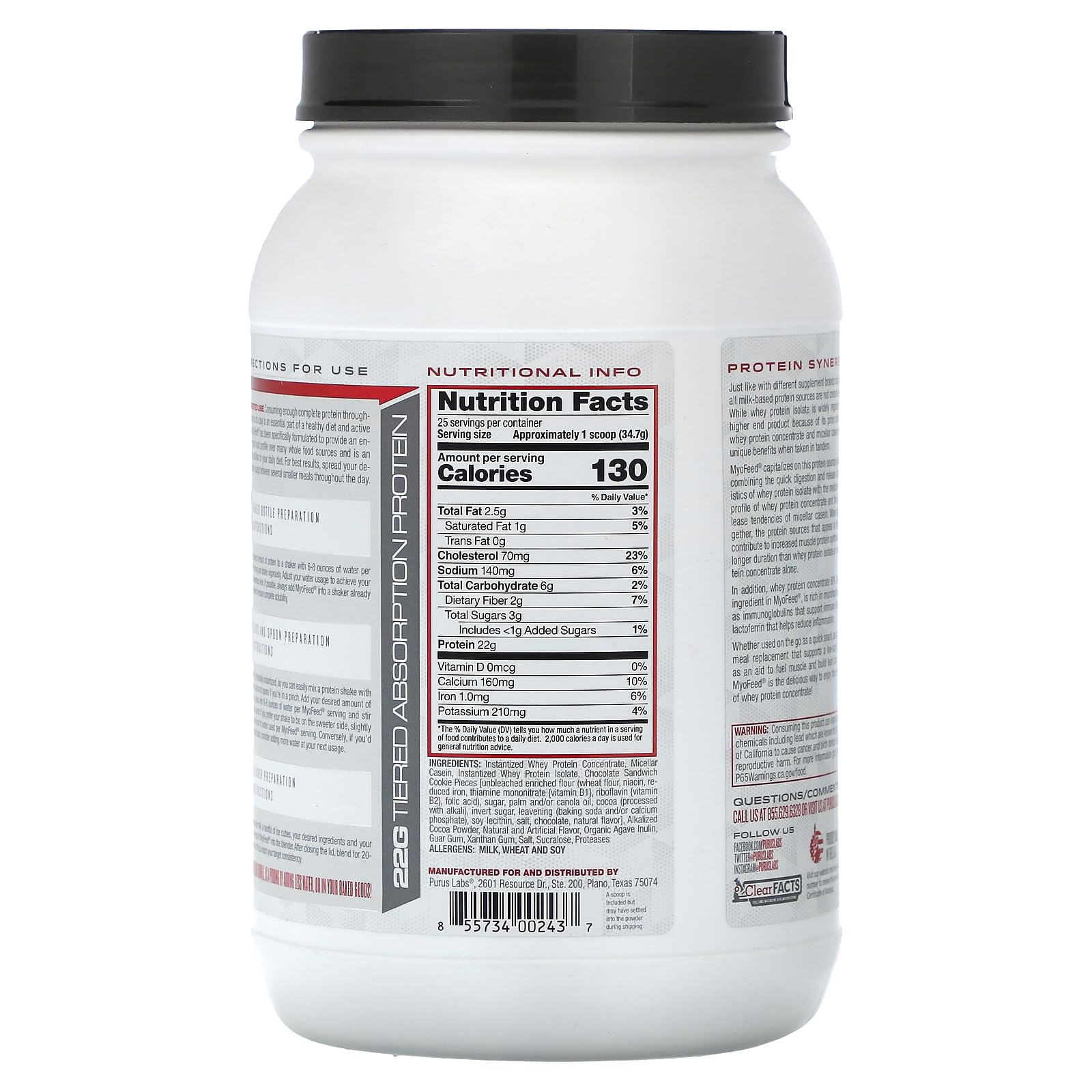 Purus Labs MyoFeed Blended Protein Chocolate Cookie Crunch - nutrition panel