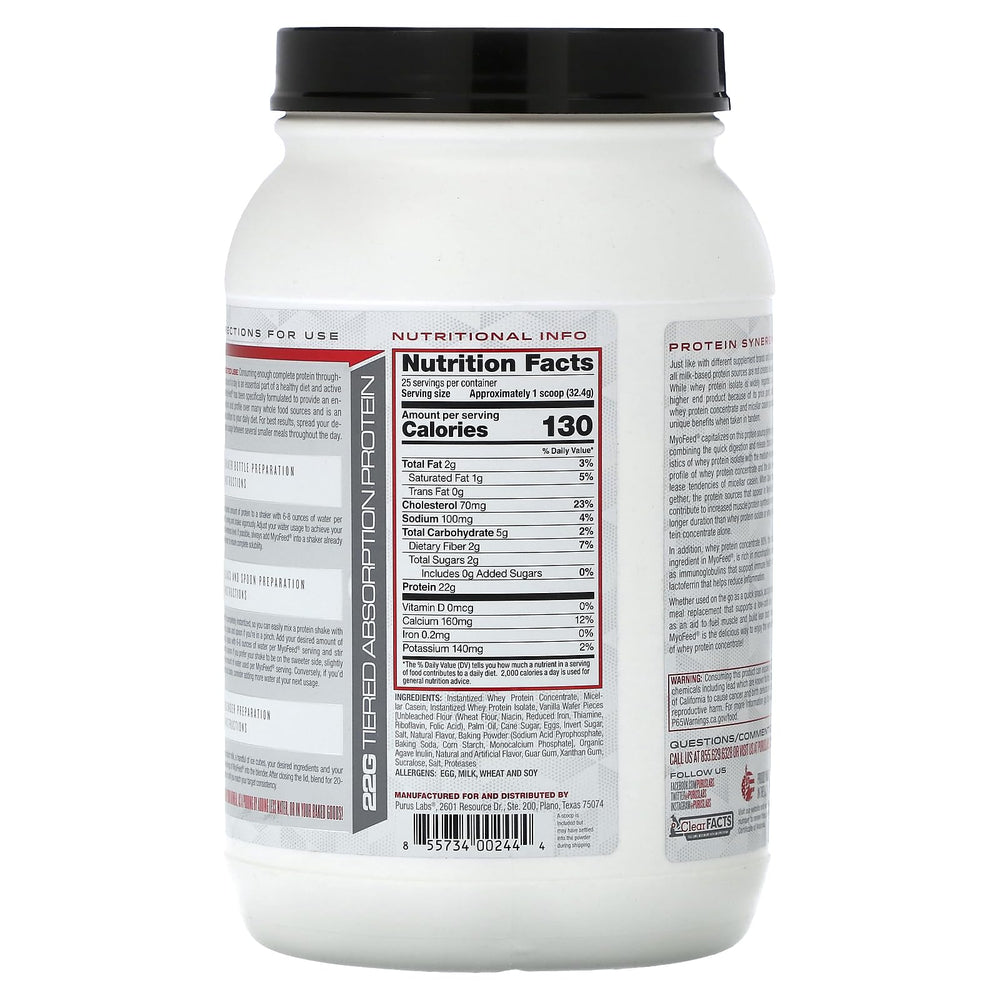 Purus Labs MyoFeed blended protein shake in glass highlights vanilla flavor and easy mixing.