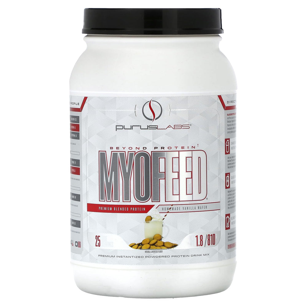 Purus Labs MyoFeed blended protein tub front for balanced amino acids and daily protein support.