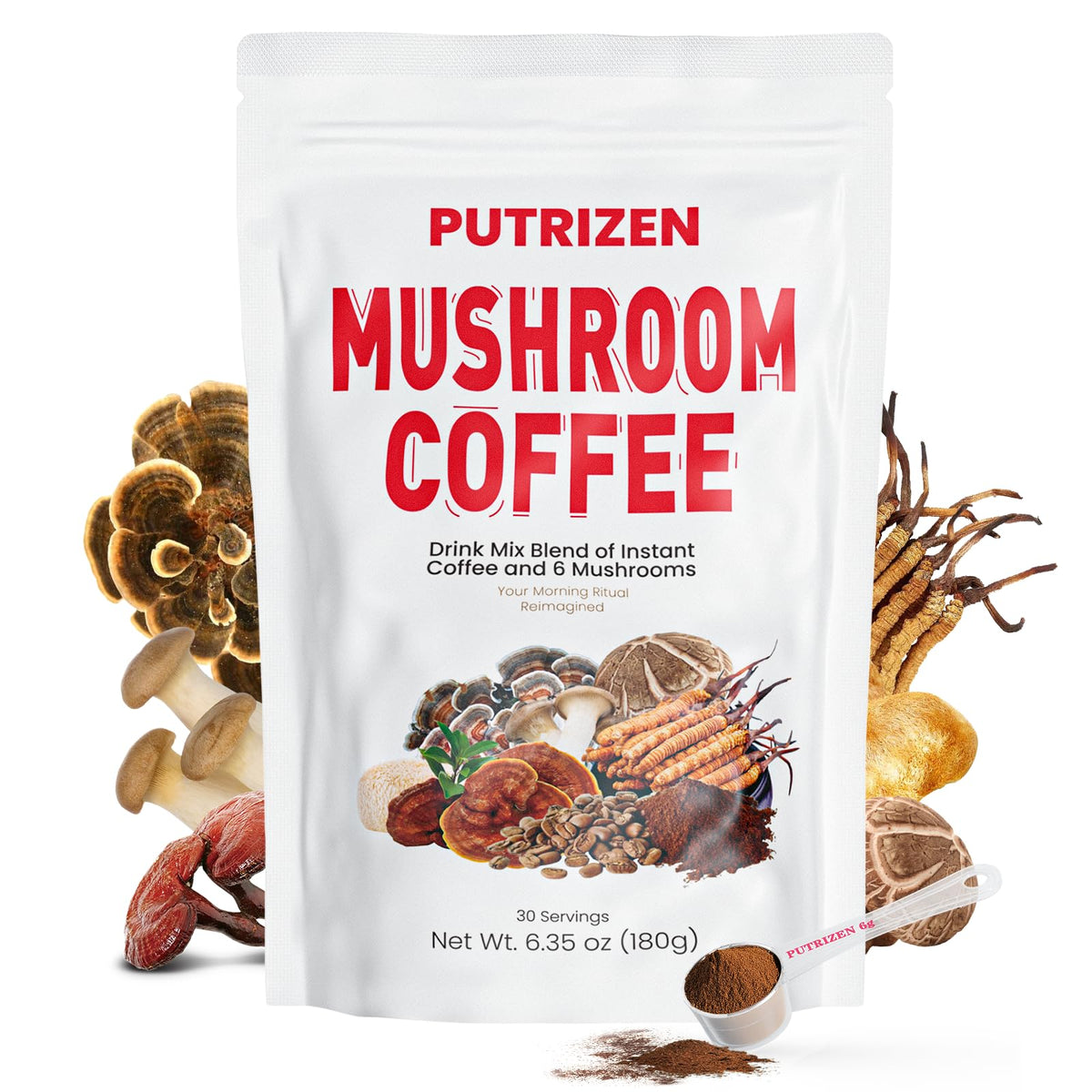 Front view of PUTRIZEN Mushroom Coffee container