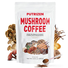 Front view of PUTRIZEN Mushroom Coffee container